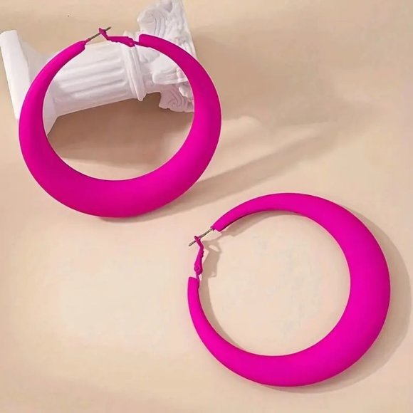 Hot Pink Hoop Earrings Retro Vocation Style Alloy - Picture 2 of 3